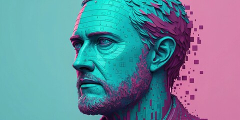 Glitched Portrait A face rendered in sharp blocky pixels where the features are vibrantly colored in teal and magenta. The image appears to be melting with digital glitches causing