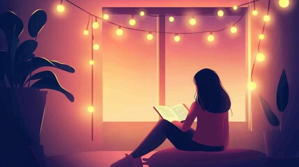Woman reading by the window with string lights.