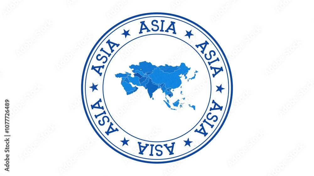Poster asia intro. badge with the circular name and map of continent. asia round logo animation.