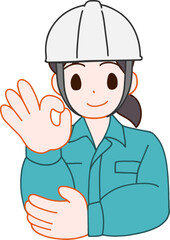 ヘルメットを被り、作業服を着たOKする笑顔のデフォルメ女性のイラスト