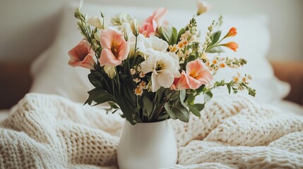 A white vase filled with flowers. 