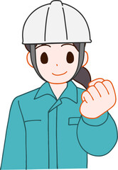 ヘルメットを被り、作業服を着たガッツポーズする笑顔のデフォルメ女性のイラスト