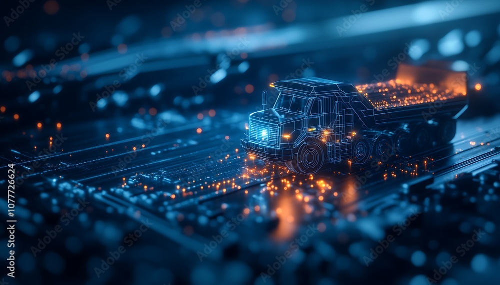 Poster a futuristic digital truck is set against a backdrop of glowing circuitry, representing technology a