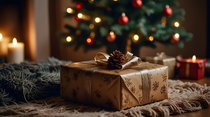 Closeup of a wrapped  Christmas gift with.generative.ai 