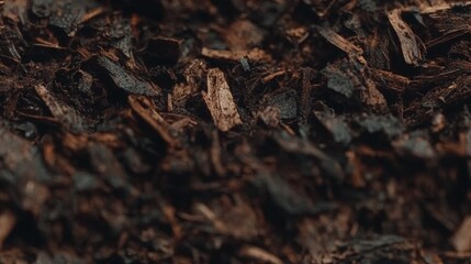 Fototapeta premium Photorealistic Extreme Close-up of Garden Mulch with Shredded Bark Texture, High Detail, and Natural Organic Composition for Gardening and Landscaping in 4K Resolution