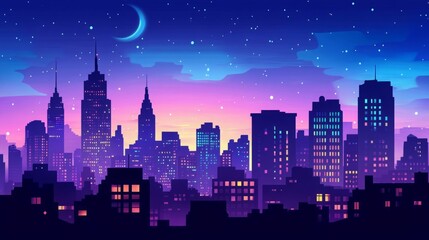 Fototapeta premium Silhouettes of skyscrapers against a purple and blue sunset sky.