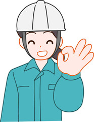 ヘルメットを被り、作業服を着たOKする笑顔のデフォルメ女性のイラスト