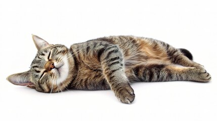 Relaxed Tabby Cat Lying on Its Side, Gazing Upwards with a Calm Expression, Showcasing Its Unique Striped Fur Pattern in a Serene Setting