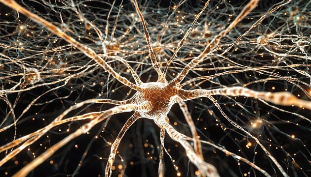 Intricate network of neurons showcasing complex structures and connections, illustrating the beauty of the human brain and neural pathways in vivid detail.