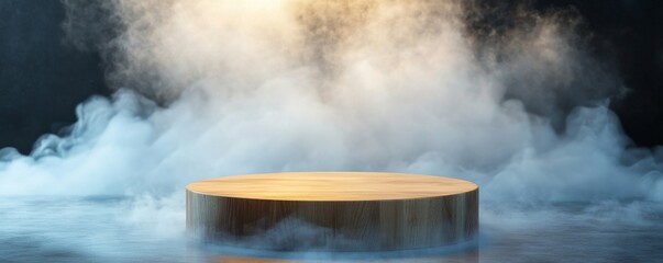 Wooden podium surrounded by atmospheric mist
