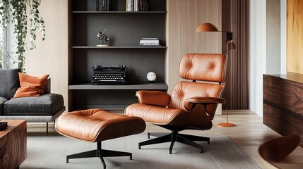 An Ottoman Danish-designed armchair in a cozy, contemporary, 60s-style living room with a wall shelf and a typewriter in the background, with an orange lamp on the hardwood floor.