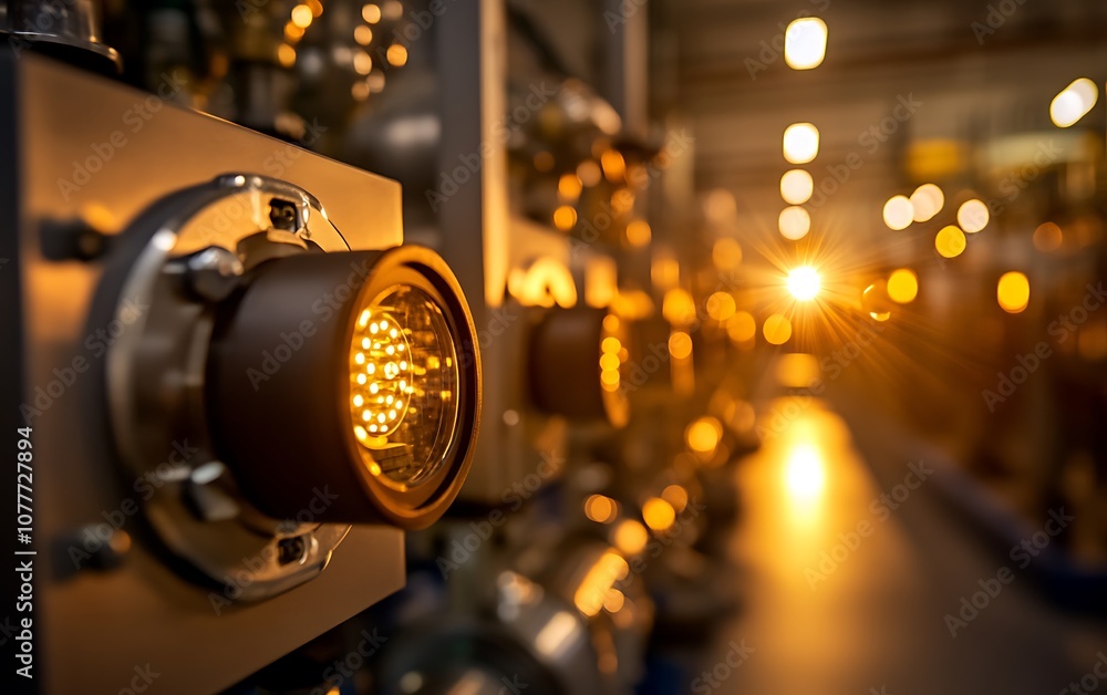 Aufkleber the image captures illuminated industrial equipment in a factory setting, showcasing warm light and 