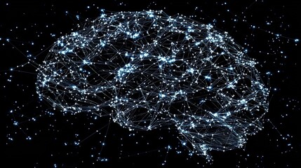 A digital representation of the human brain with interconnected neural pathways illuminated by glowing blue lights against a dark background, symbolizing connectivity and advanced 