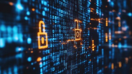 Abstract digital background with glowing binary code and padlock icons representing online security and data protection.