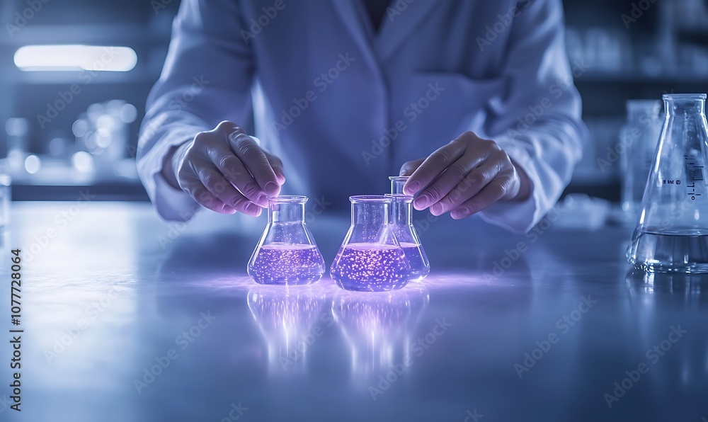Poster a scientist in a lab mixes glowing liquids in beakers, demonstrating a chemical reaction under low l