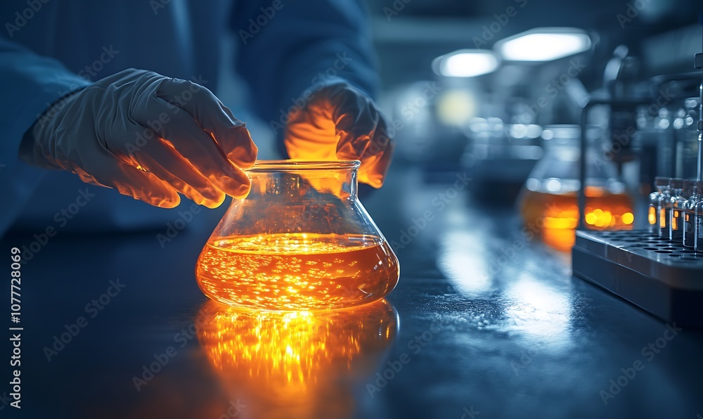Poster A scientist in gloves carefully handles a glowing flask filled with a liquid in a laboratory setting, showcasing a bright, engaging atmosphere.