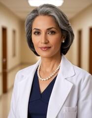 A portrait of a woman with gray hair, wearing a white coat and blue blouse, standing in a hallway.