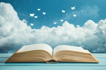 Open book with dream-like illustrations floating above the pages, with ample blank space for commercial text about literature, creativity, or storytelling