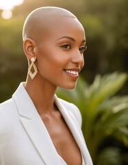 A woman with a shaved head, wearing a white blazer and diamond earrings, smiles at the camera against a blurred green background.