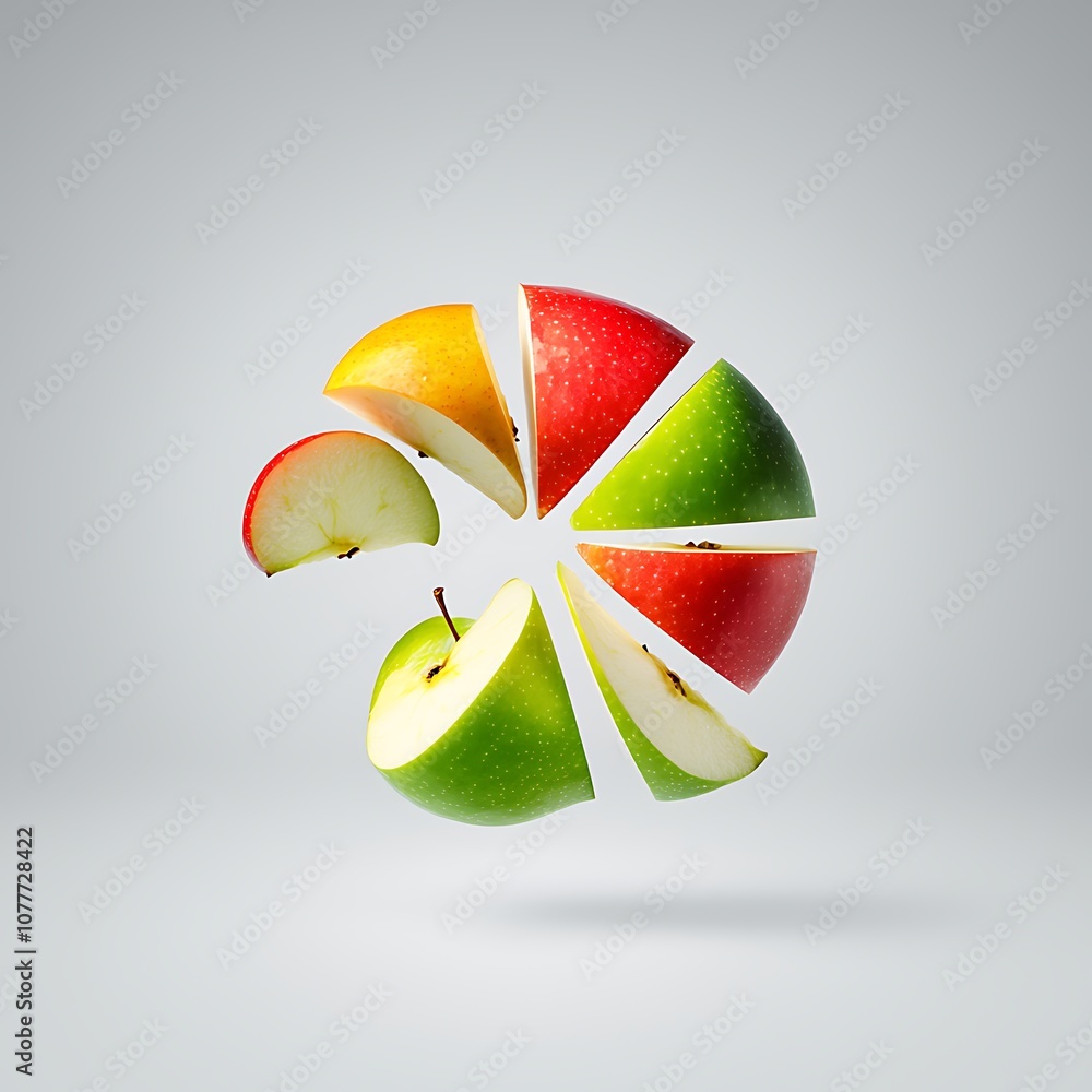 Poster a close up of a sliced apple with a green slice missing