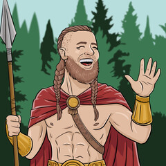 Laughing warrior with braided hair, spear, and red cape.