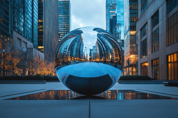 A mirrored sphere reflects the vibrant urban cityscape, blending modern architecture with a...