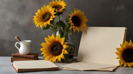 Bunch of sunflowers in a vase next to blank pieces of paper.generative.ai 