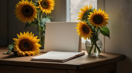 Bunch of sunflowers in a vase next to blank pieces of paper.generative.ai 