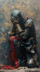 A Depiction of a Medieval Knight in Armor, Kneeling and Covering His Face with His Hand
