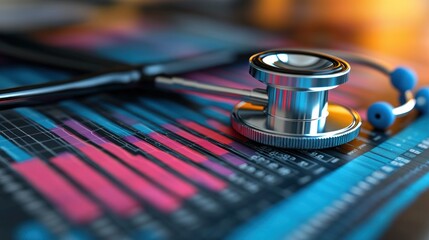 A stethoscope rests on a colorful data chart, symbolizing healthcare analysis.