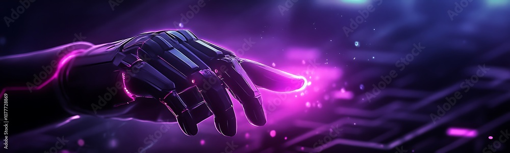Poster a futuristic robotic hand with glowing purple energy reaching out towards a keyboard, blending techn