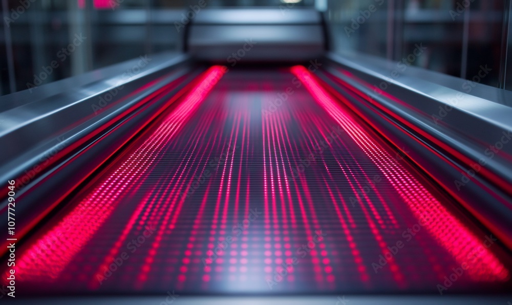 Poster close-up of a moving walkway with red lights, showing the texture of the surface and the motion of t