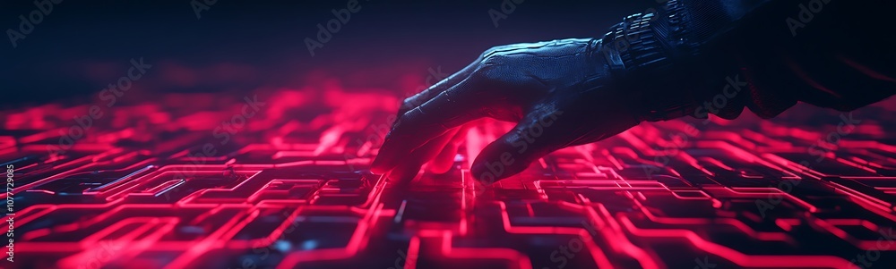 Poster a futuristic hand interacts with a glowing red digital circuit board, symbolizing technology and con