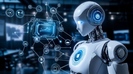 Fototapeta premium A humanoid robot stands in a futuristic setting, analyzing data displayed on a screen.