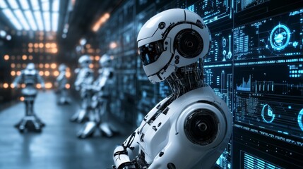 Fototapeta premium A humanoid robot stands in a futuristic data center, surrounded by other robots, with large screens displaying data.