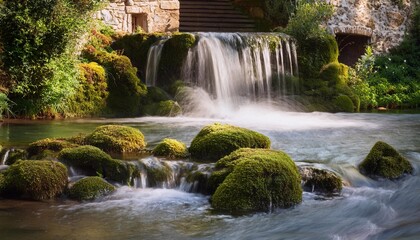 Obraz premium Moss-Covered Rocks and Stone Fountain in Resort Village
