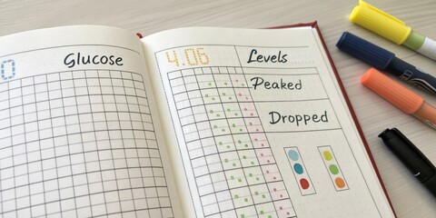 An image displaying a logbook page filled with various numbers with highlighters marking significant dates when glucose levels peaked or dropped.