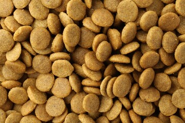 Pet food granules as background, top view