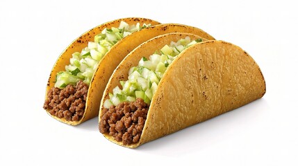 Deliciously Prepared Tacos with Ground Beef and Fresh Ingredients on a White Background, Perfectly Isolated for Food Photography and Culinary Use