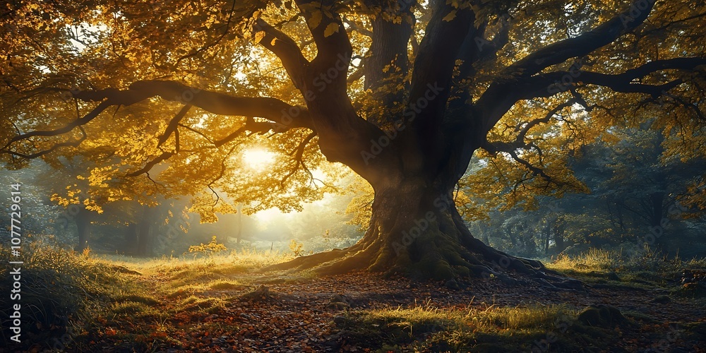 Poster sunlight filtering through ancient tree in forest