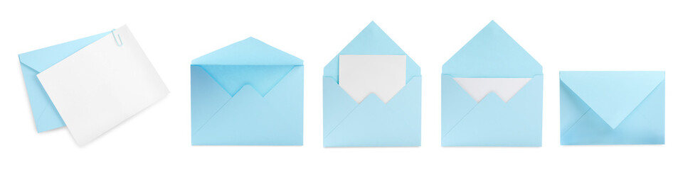 Light blue envelopes and blank letter isolated on white, collage