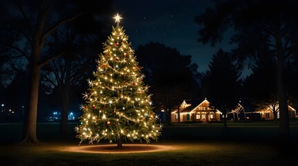 Big christmas tree standing in a park at night.generative.ai 