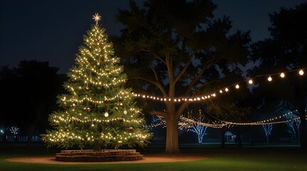 Big christmas tree standing in a park at night.generative.ai 