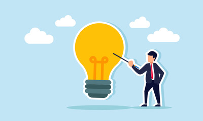 businessman holding a stick and pointing at a light, illustration of educating the importance of innovation in business for growth and development