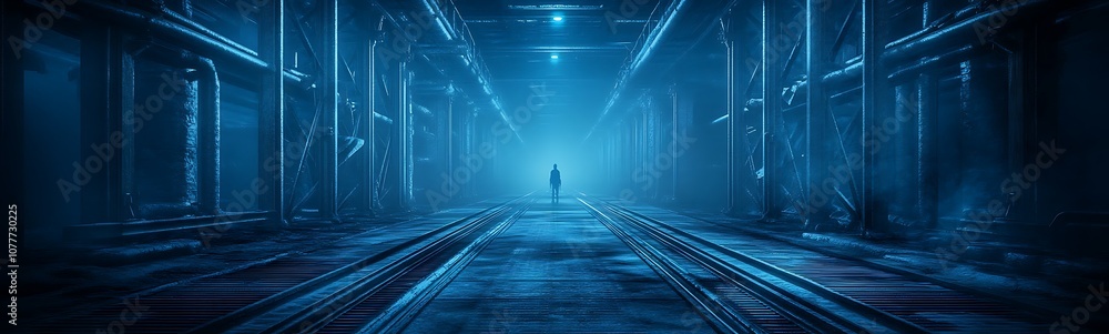 Poster a solitary figure stands in a dimly lit, eerie industrial space, illuminated by a soft blue glow, cr