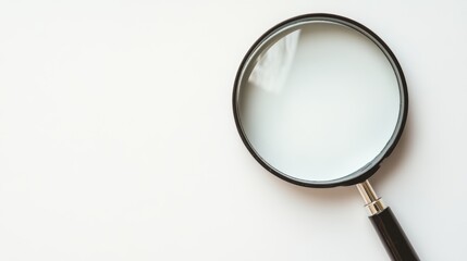 A magnifying glass lies on a white background with the handle to the right.