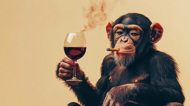 An imaginative vintage collage featuring a quirky chimpanzee sipping wine and puffing on smokes on a bland backdrop.