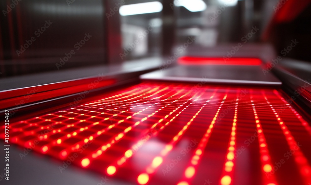 Poster close-up of a red light grid on a conveyor belt in a factory.