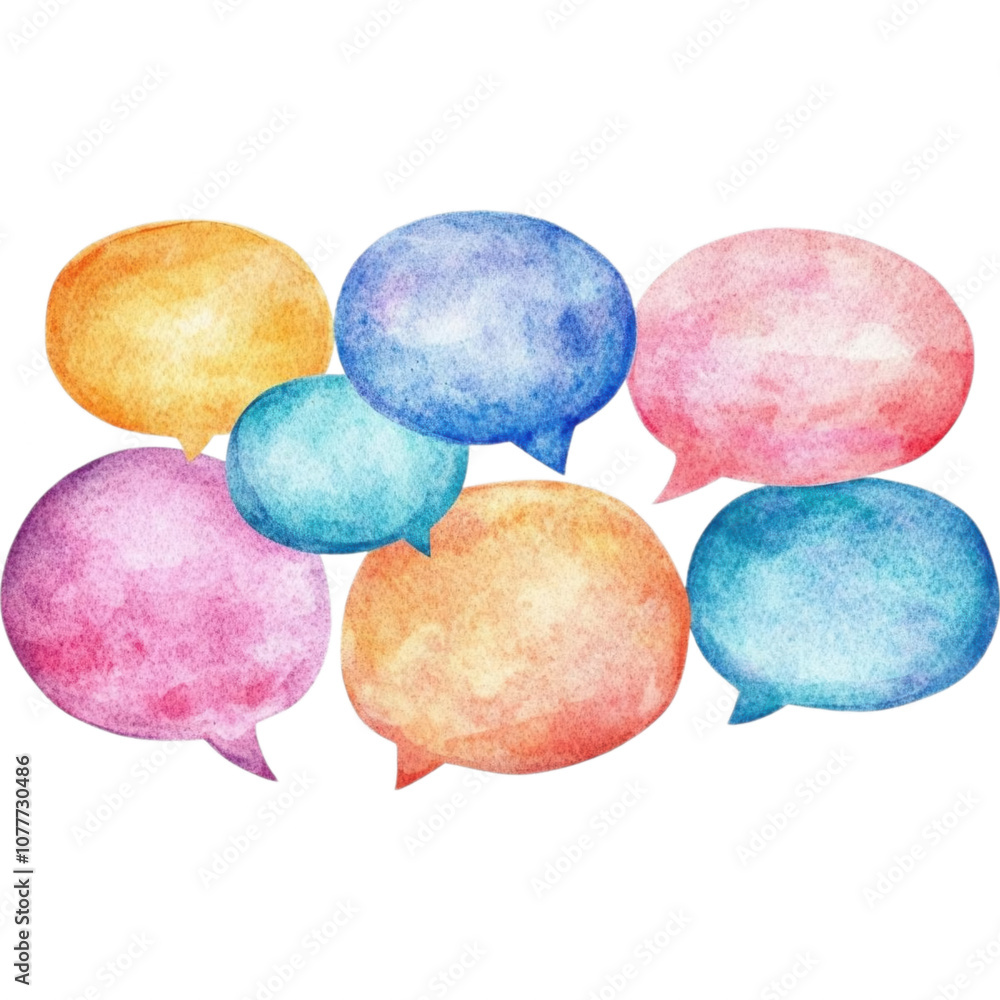 Poster a colorful array of speech bubbles in various sizes, showcasing vibrant watercolor textures, symboli