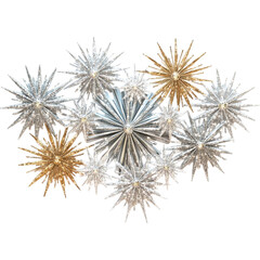 Fototapeta premium A decorative arrangement of gold and silver star-shaped ornaments, creating a festive and vibrant aesthetic.